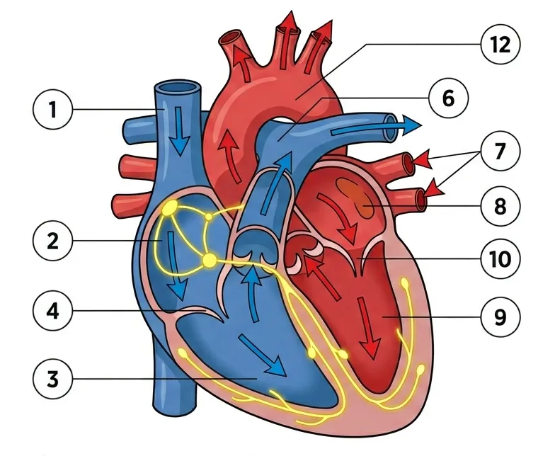 Labeled heart diagram showing the right and left atria, right and left ventricles, blood flow between body and lungs, and the electrical conduction path